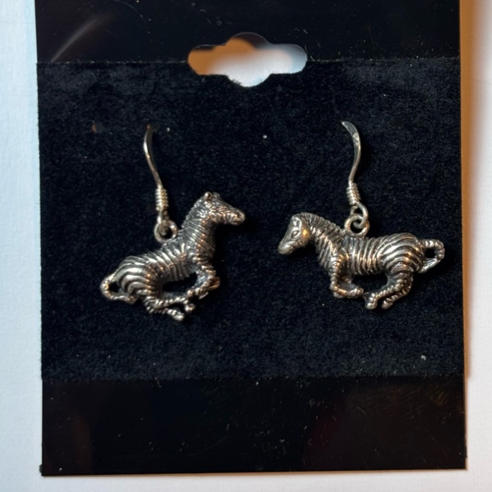 Vintage .925 Sterling Silver Galloping Zebra Dangle Charm Earrings, Fun Zebras